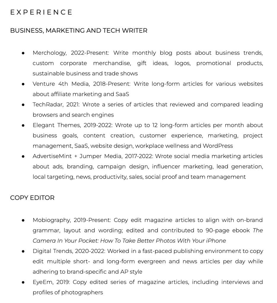 Freelance writer resume example of how to list work experience.