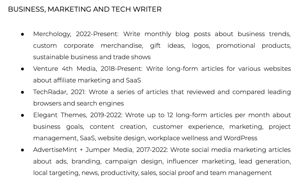 Freelance writer resume example with bullet points under a main writing niche section.