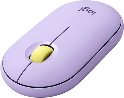 Purple and yellow computer mouse from Logitech.